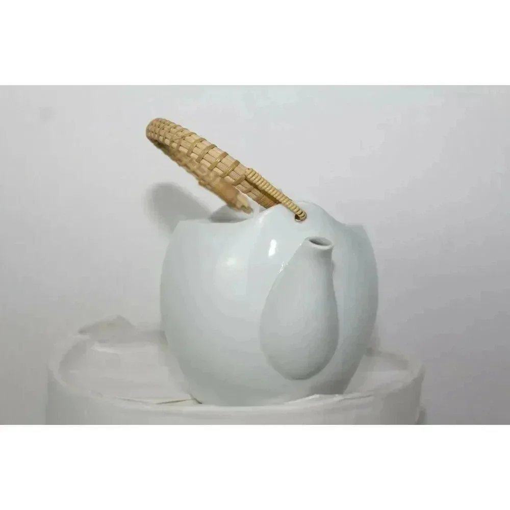White Japanese bamboo handle tea pot 5in wide 5in tall